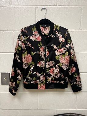 Justify Floral Bomber Jacket - Black with Pink Roses